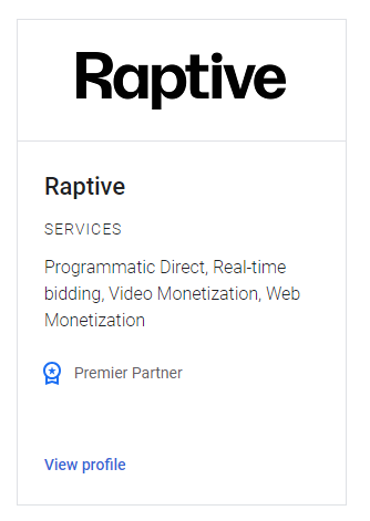 Google Premier Partner certificate for Raptive