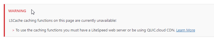 Non-LiteSpeed users get this LSCache warning message