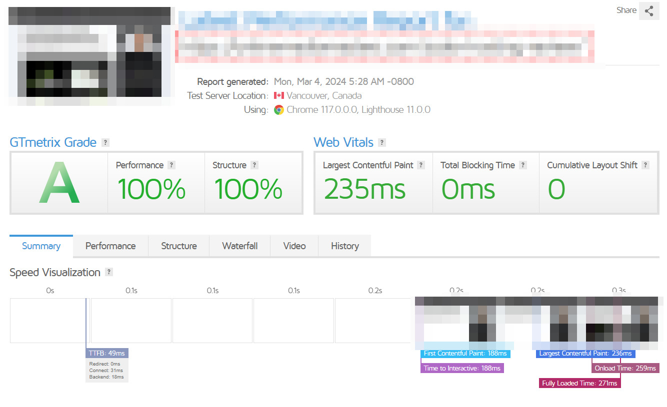 GTMetrix page speed results for a website using FlyingPress cache