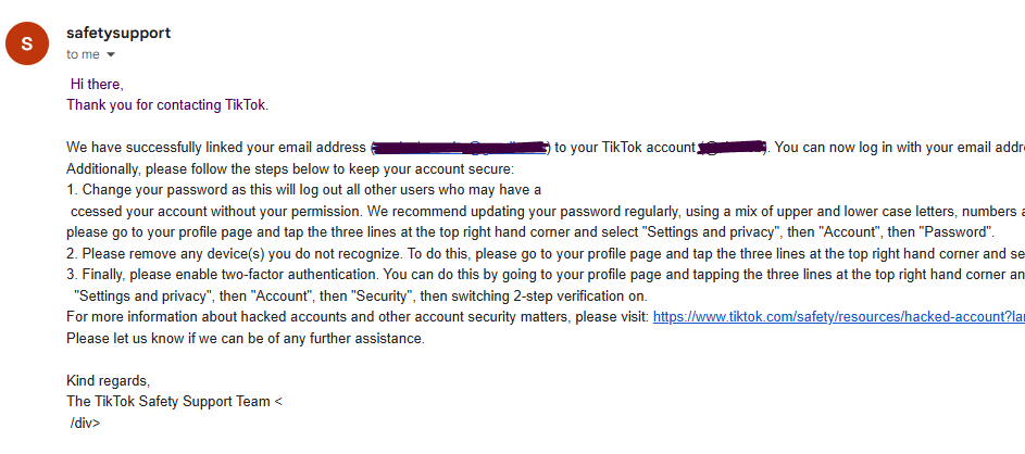 The reply email about linking my email address