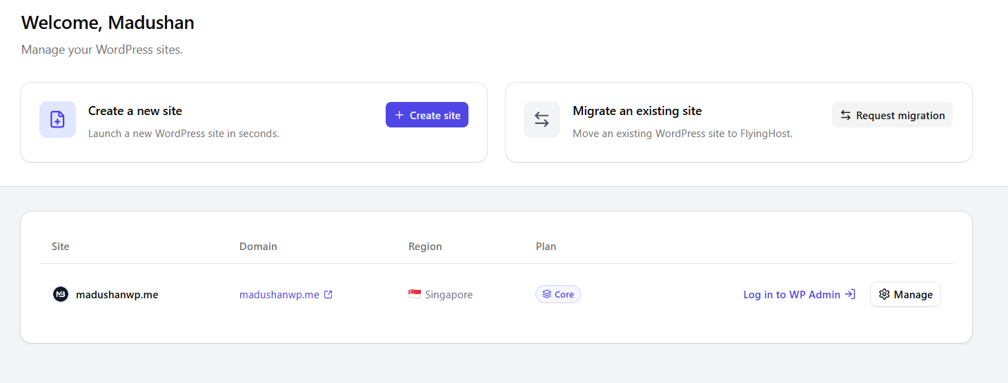 FlyingHost welcome dashboard